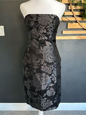 White House Black Market Strapless Dress Set Black Floral Jacquard Size 2